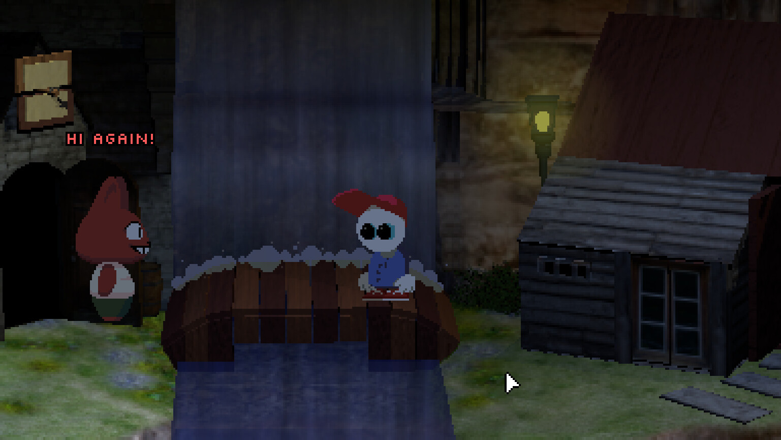 Mellow crossing a wooden bridge over the Timesville waterfall while a red animal villager greets him
