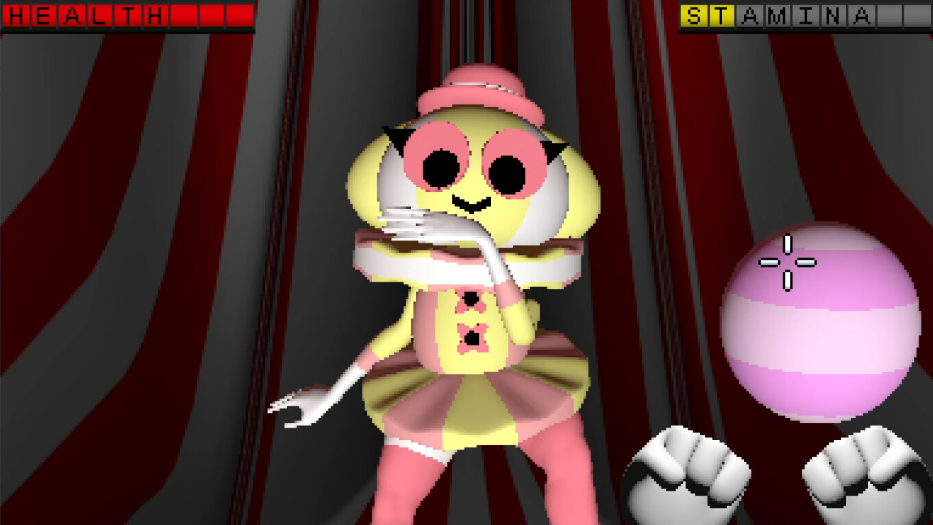 First-person view of the Trapezist boss fight with Mellow's fists raised and a pink ball incoming